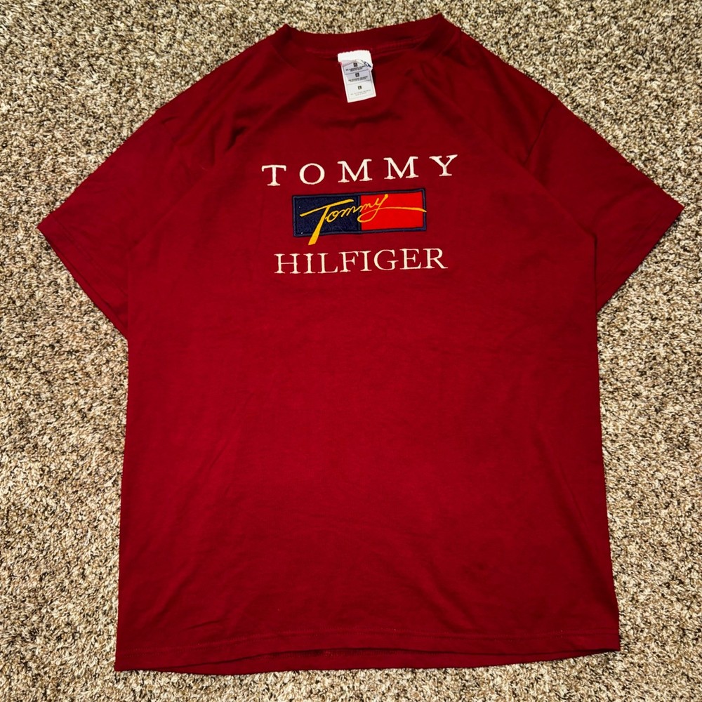 Vintage Tommy Hilfiger T Shirt Mens Large Burgundy Red Embroidered Logo 90s Tee