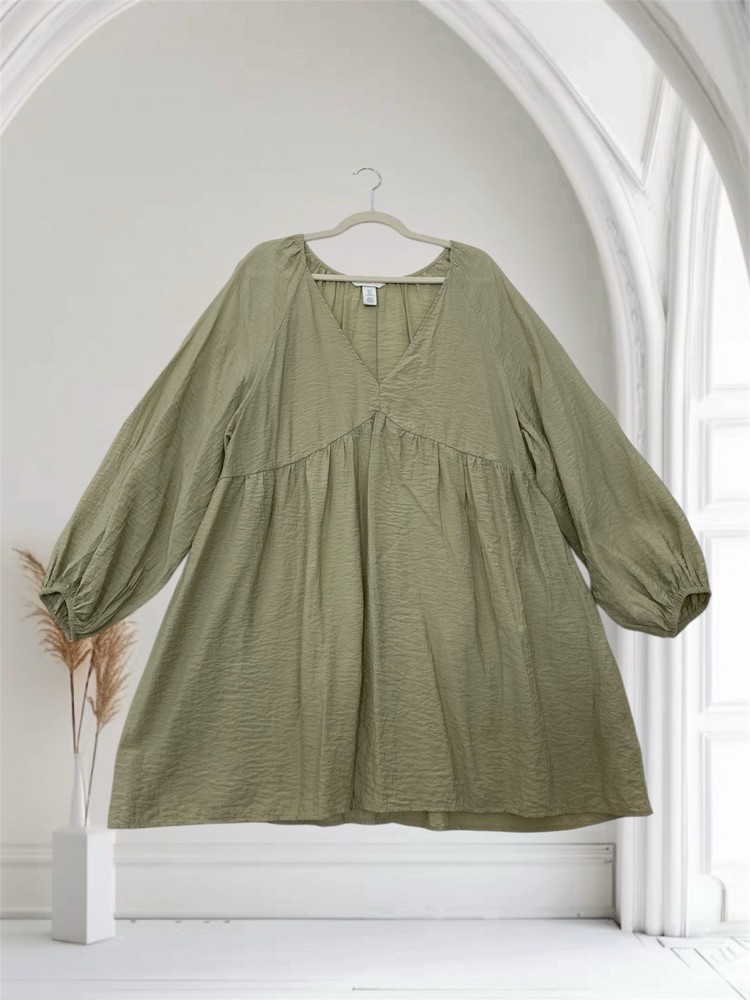 H&M V Neck Balloon Sleeve Mini Dress Women’s XL Lightweight Textured Boho Chic