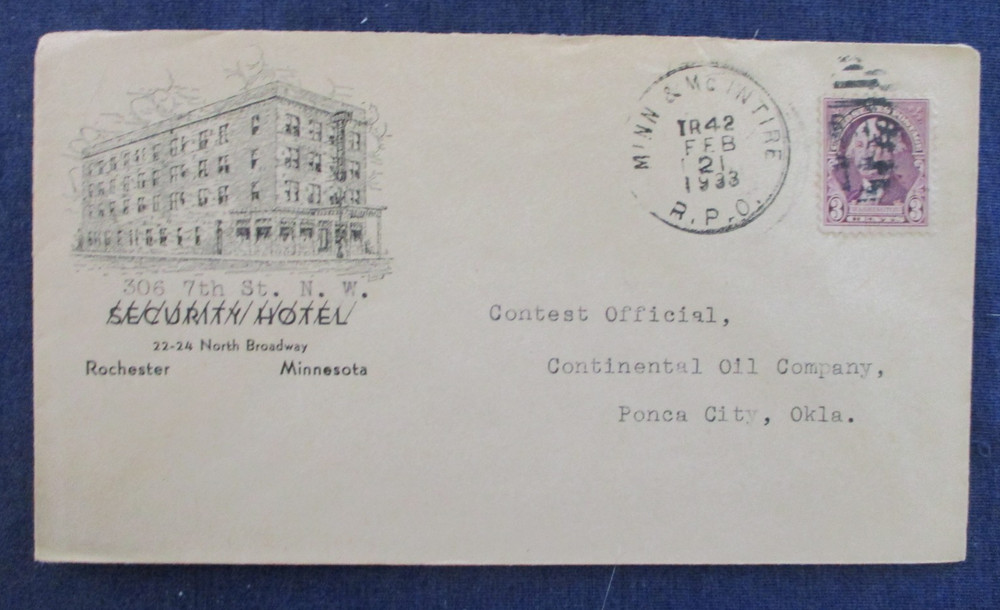 1933 Rochester Minnesota Security Hotel Cover & RPO Cancel