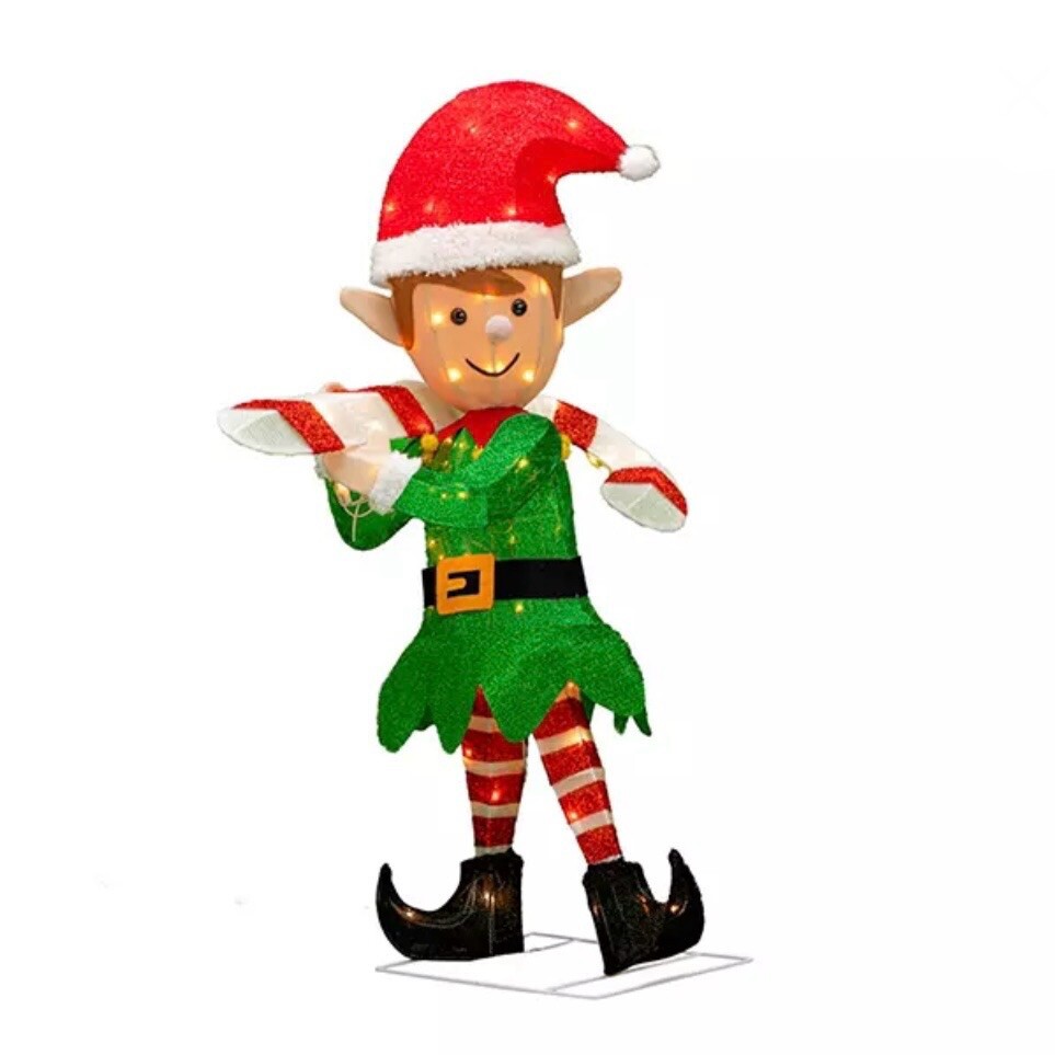 Elf With Candy Cane 38 in Outdoor Christmas Decor 70 Clear Lights Up Yard Art