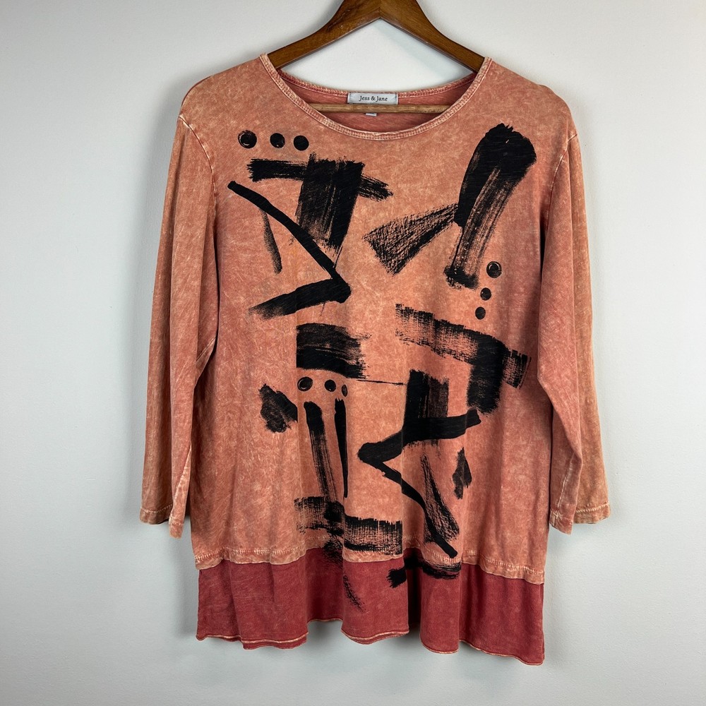 Jess & Jane Tunic Top Womens XL Orange Abstract Graphic 3/4 Sleeve Cotton Artsy-image