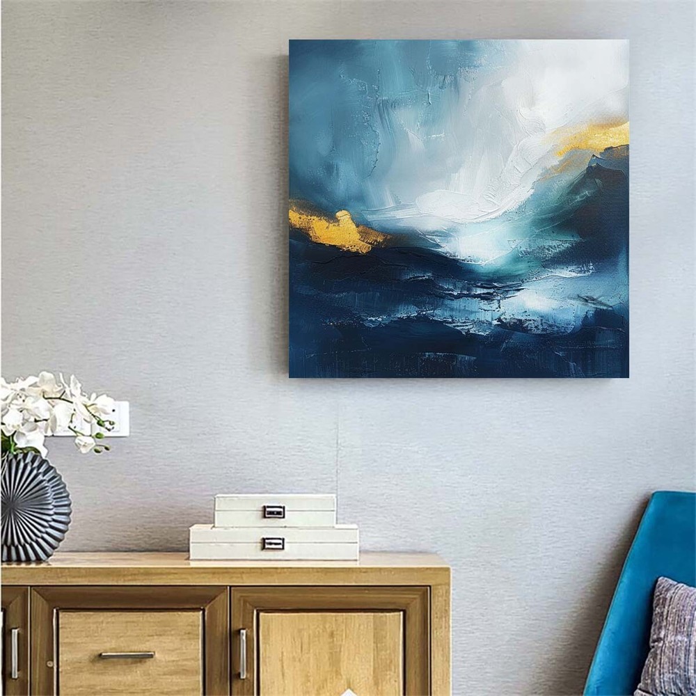blue abstract oil painting hand painted on canvas Minimalist Room yellow 31in