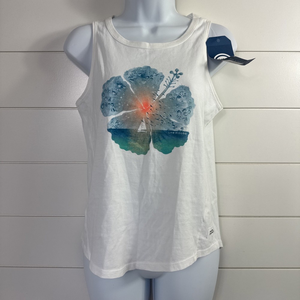 NWT Women's Life Is Good Crusher Tank Top White Hibiscus Sail Graphic sz XS