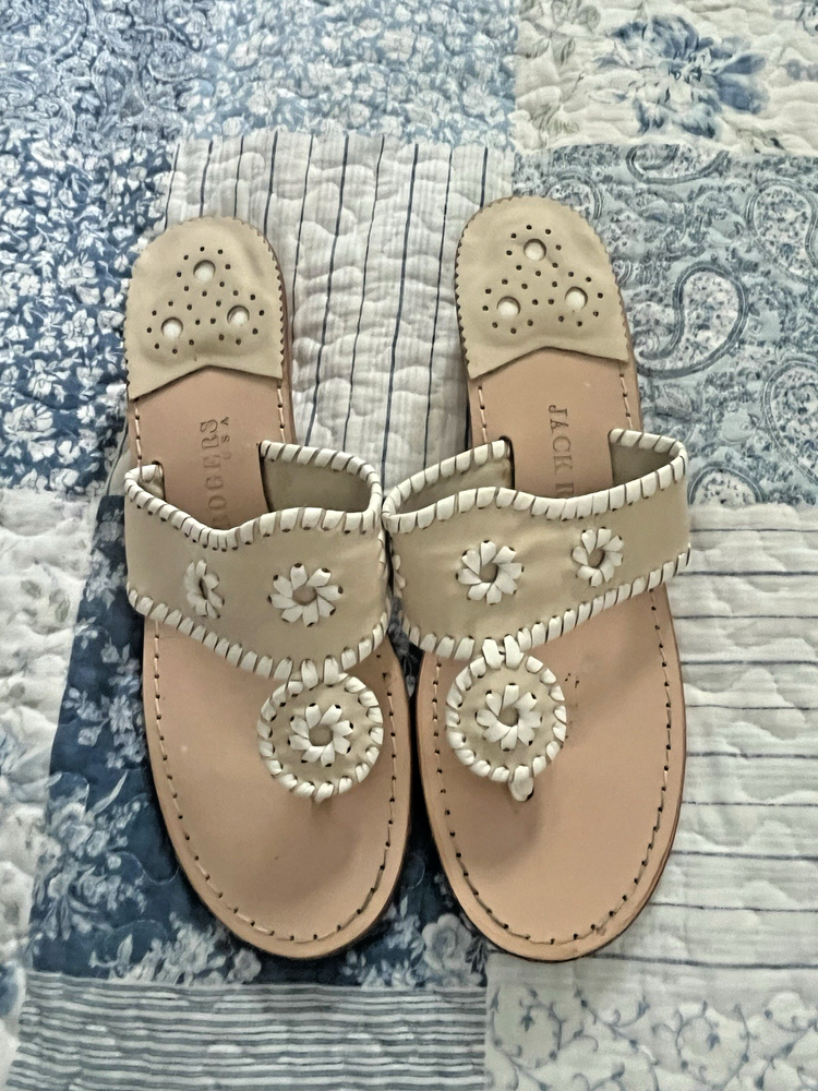 Jack Rodgers beige and white size 8M mid wedge sandal in very good condition