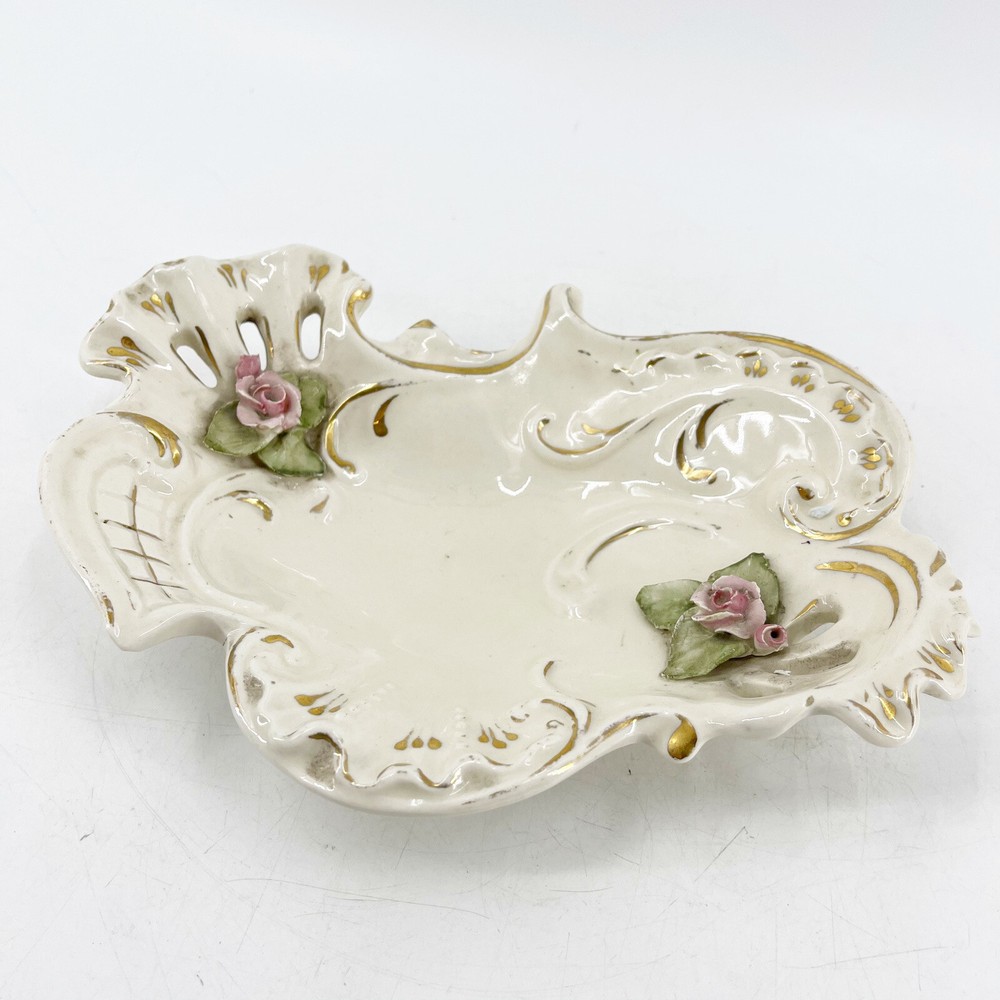 Vintage German Porcelain Floral Gold Trim Reticulated Candy Dish Applied Flowers