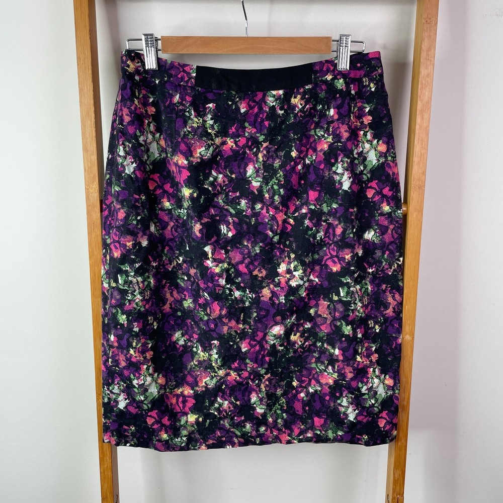 Women's Purple Black Abstract Floral Stretch Knee-Length Jigsaw Pencil Skirt Size 10-image
