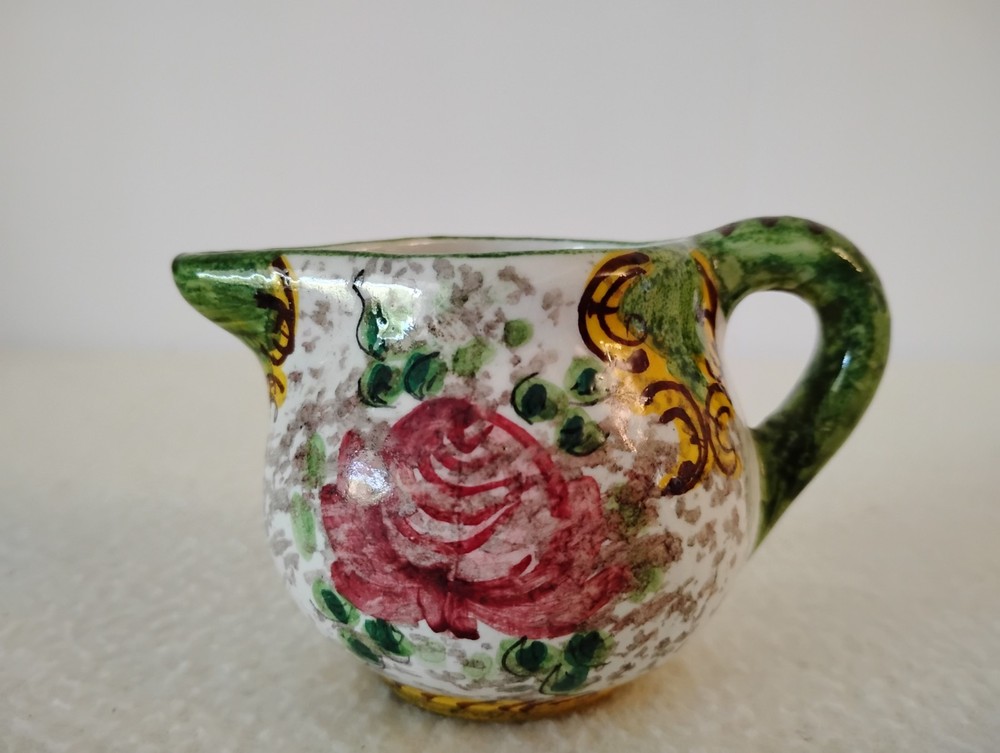 Small Vintage Deruta Italian Ceramic Pitcher Flowers Leaves.