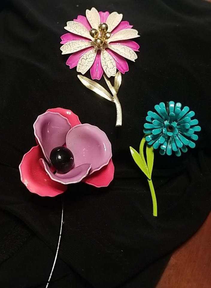 Vintage Flower Brooch Lot, 3 Enameled, Metal Brightly Colored