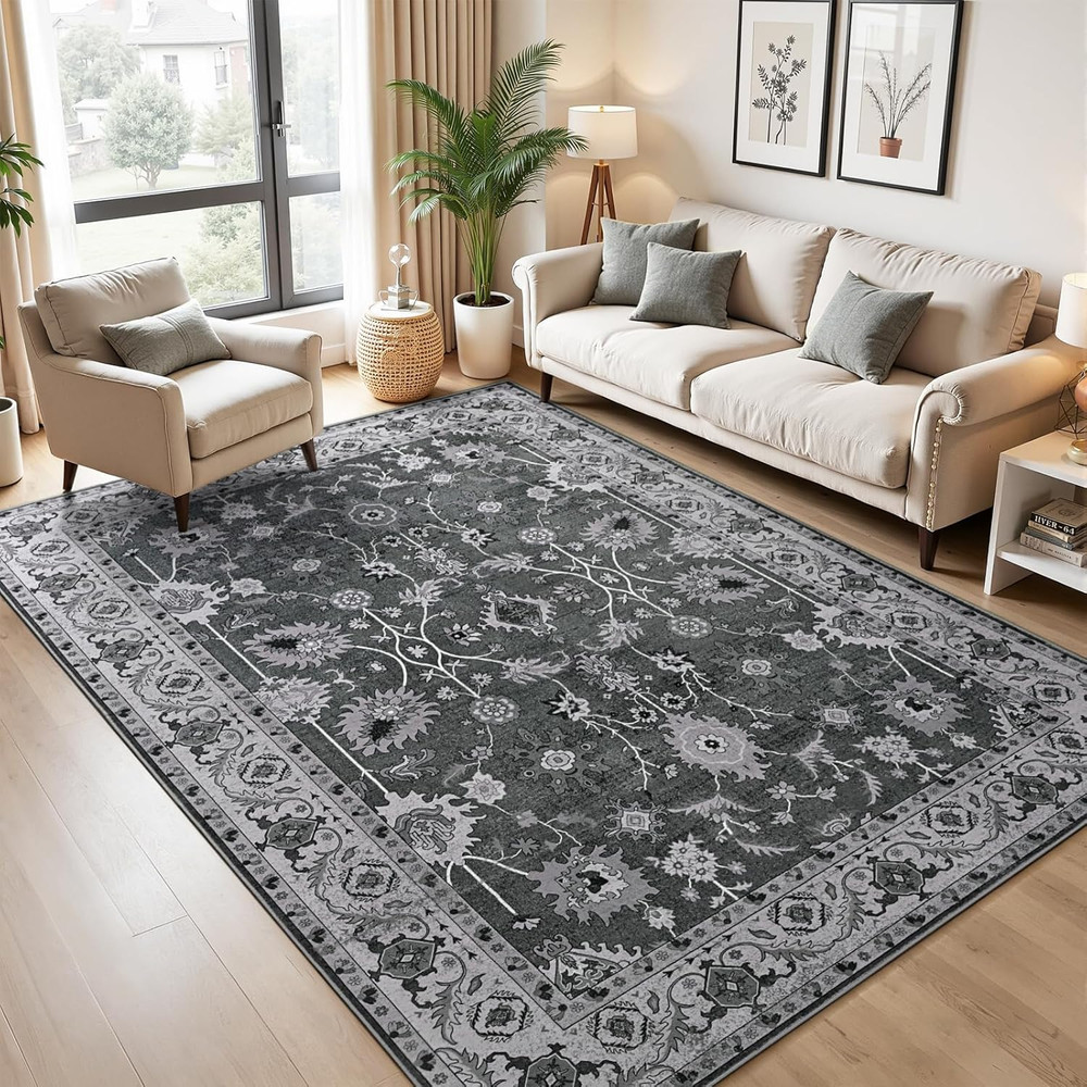 5X7 Area Rugs for Living Room, Washable Rugs Low Pile Vintage Boho Soft Floral C
