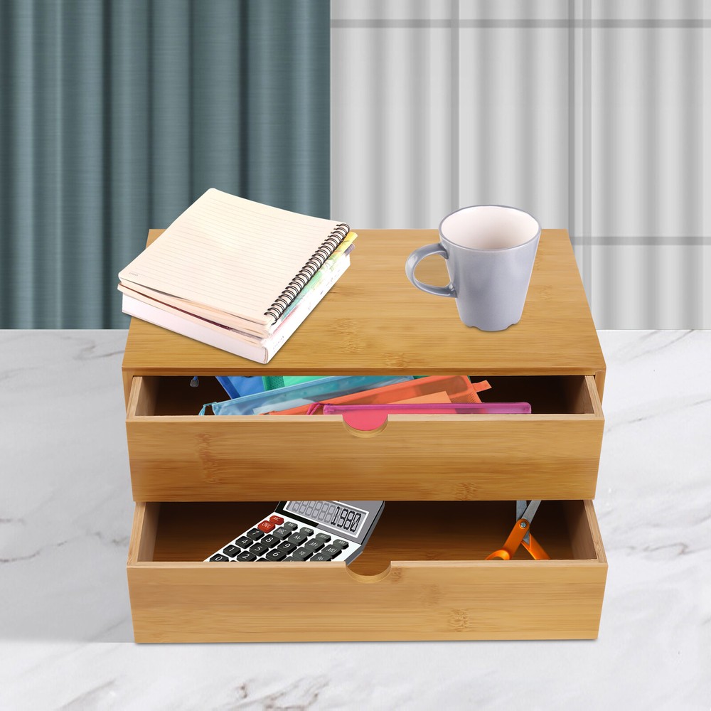 Small Bamboo Organizer for Desk, Tabletop Storage Organization Box with 2 Drawer
