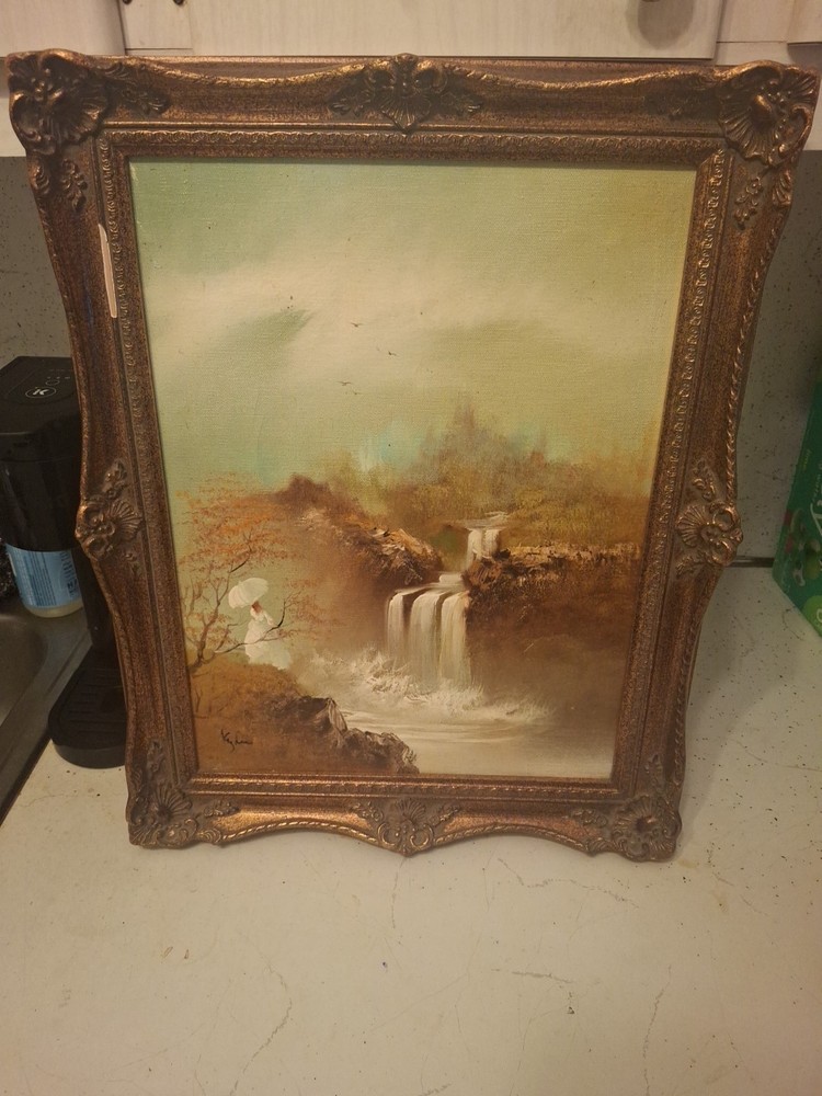 Vintage l Oil Painting Waterfall Landscape Woman with Parasol Ornate Gold Frame