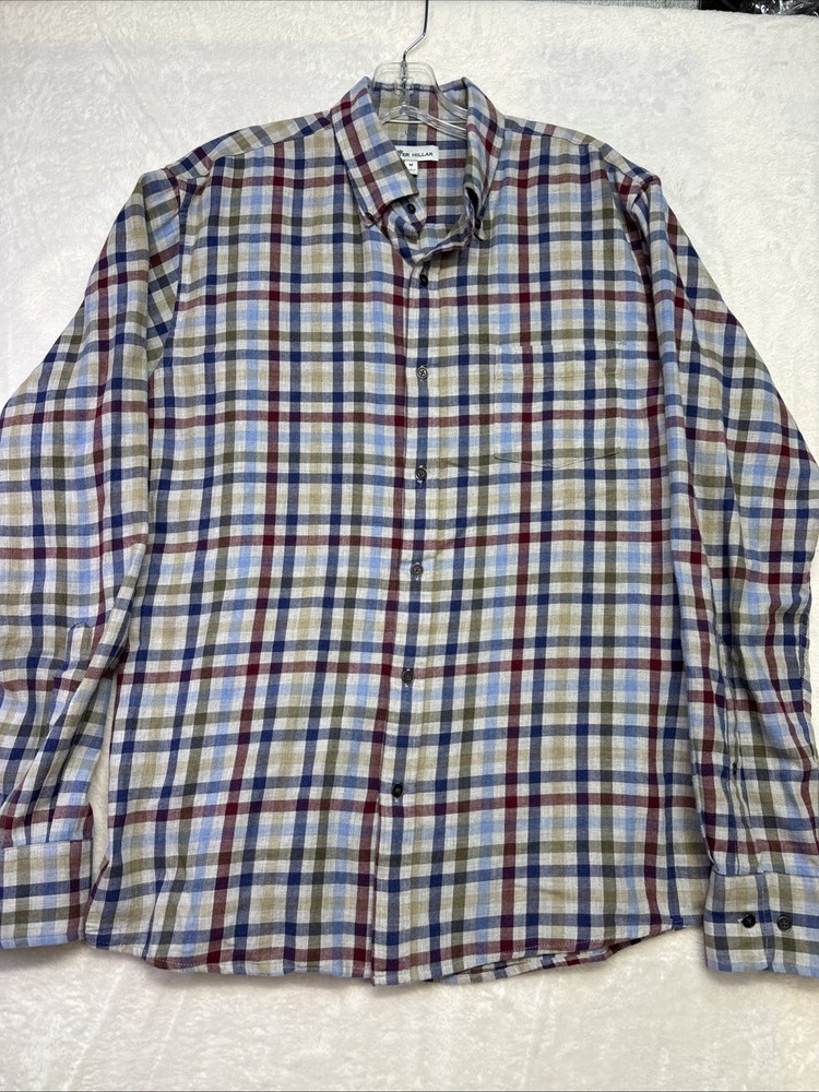 Peter Millar Shirt Men M Blue Green Plaid Flannel Long Sleeve Button Up