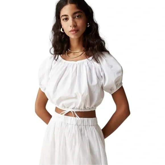 J. Crew White Cinched Waist Puffed Short Sleeve Cropped Top Size Medium