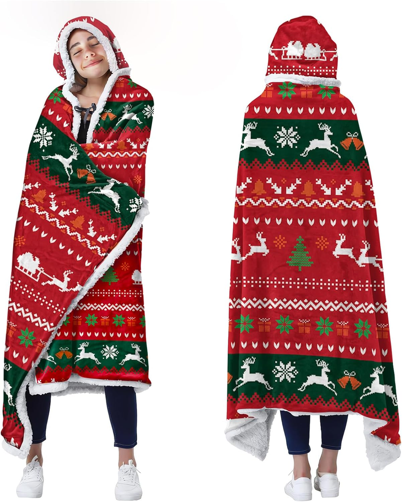 Cozy Christmas Red Wearable Flannel Sherpa Blanket for Women