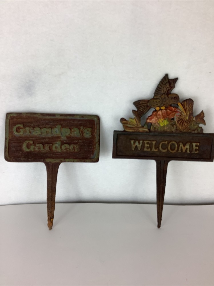 2 letreros de hierro fundido de colección estacas decoración de patio jardín del abuelo y colibrí de bienvenida-image