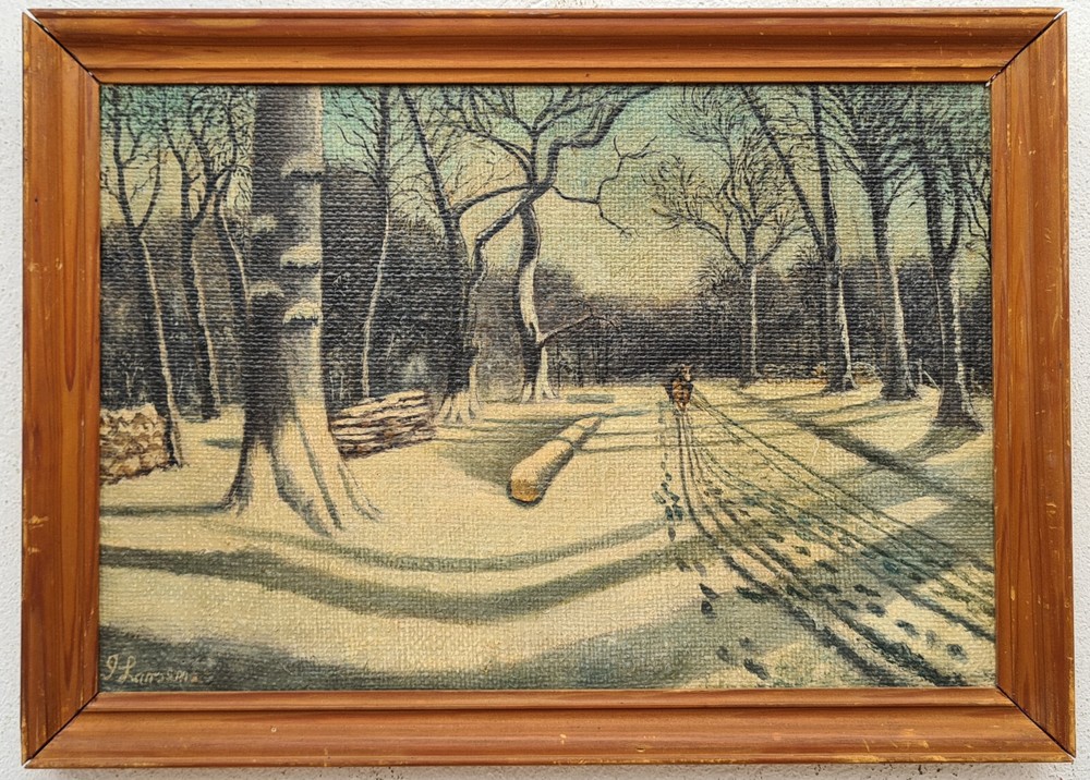 Antique Oil Painting with Frame Oil Painting Landscape Forest Winter Snow Signed