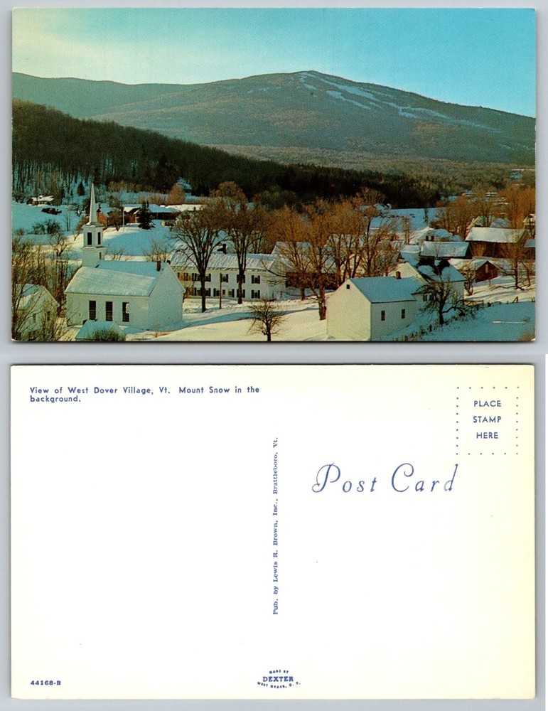 West Dover VT Village Winter Mount Snow Ski Slopes Church Chrome Postcard