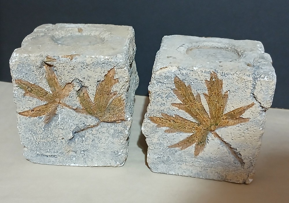 Vtg 1996 UDC Stone Ware Leaf Design Candle Holders Signed Gray And Tan