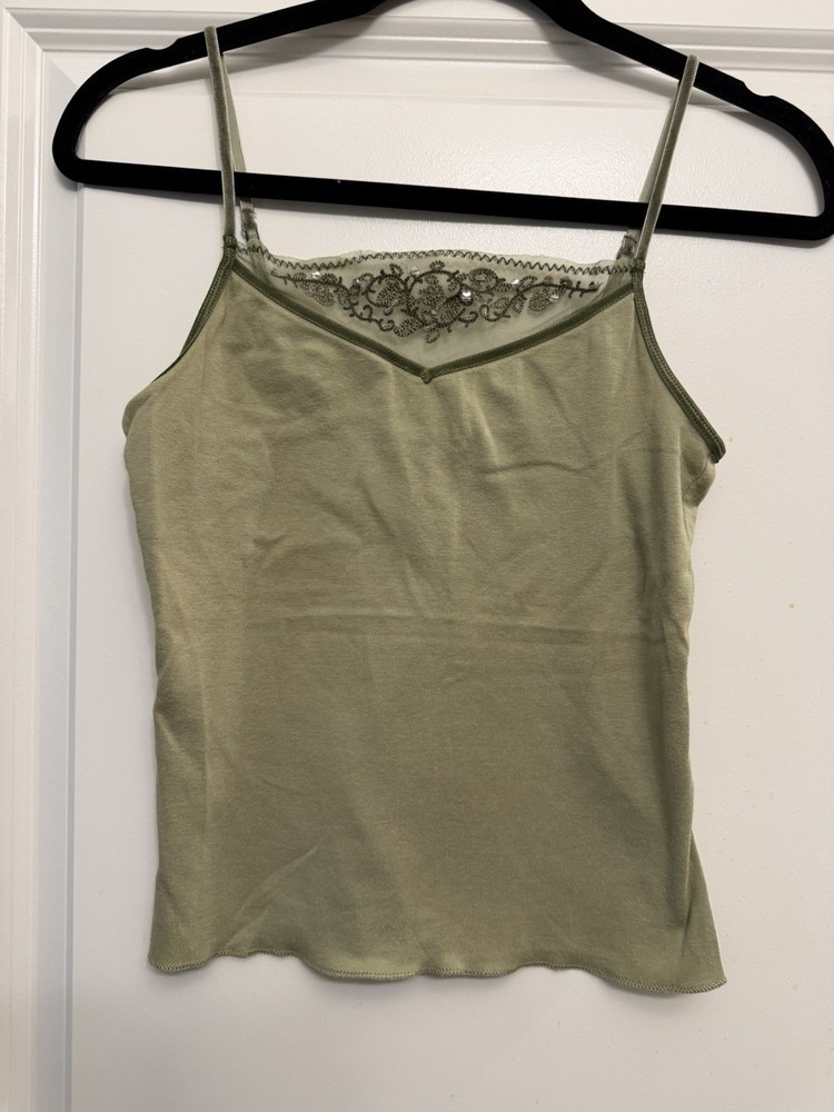 VT Abercrombie y2k fairycore whimsy olive embroidered cami tank top L lace trim