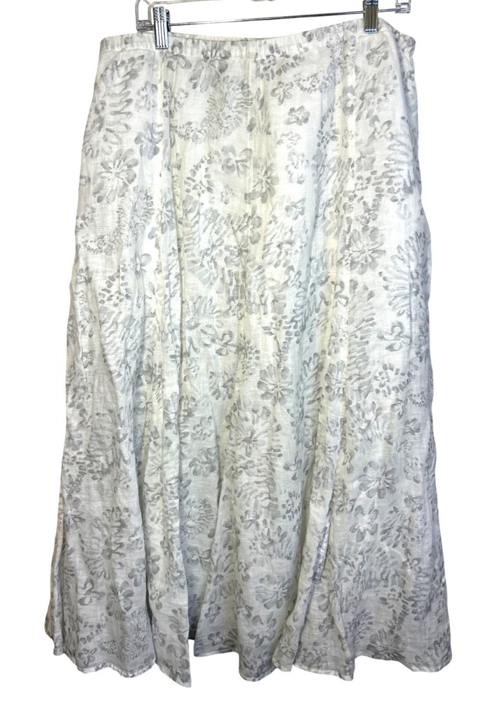 J. Jill Women’s M 100% Linen Skirt Floral Midi Flare White Gray Cottagecore