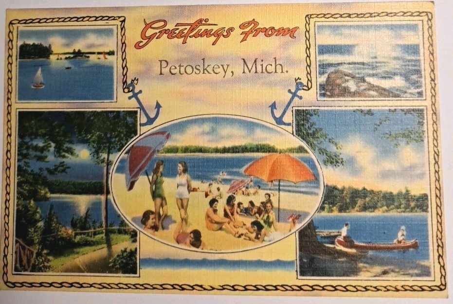 PETOSKEY, Michigan, Lake Scenes, 1950's Multi- View Linen Postcard