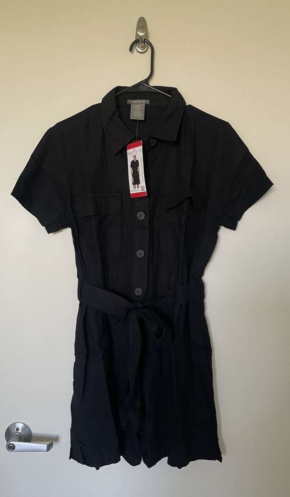Matty M Womens Linen Blend Button Front Belted Romper Medium Size Black
