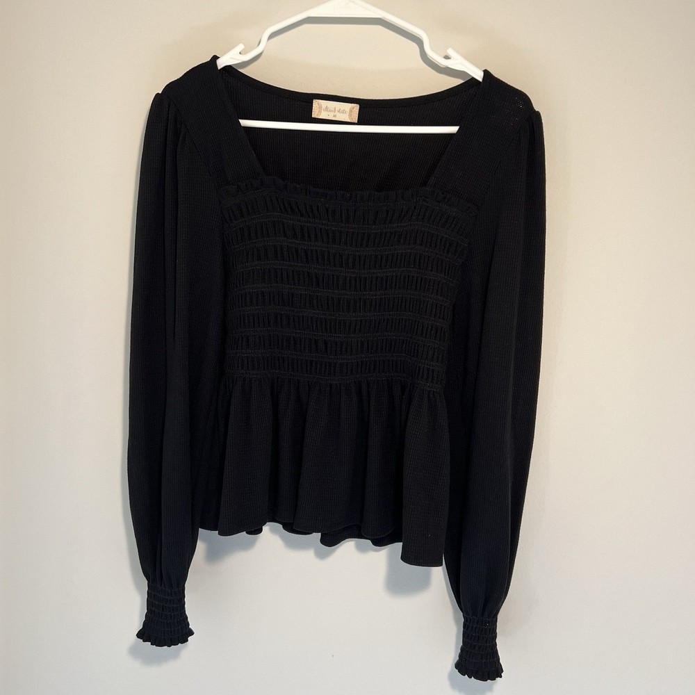 Altar'd State Long Sleeve Black Smocked Peplum Knit Top Square Neck M Boho