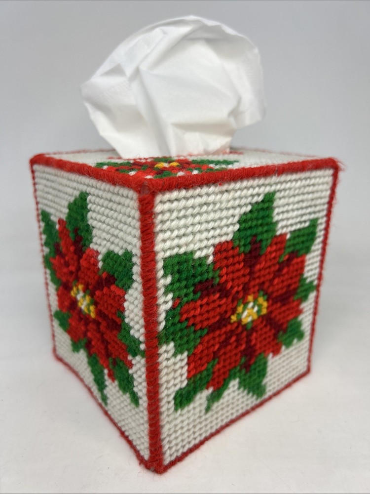 Vintage Needlepoint Christmas Tissue Box Cover Handmade Red Poinsettia Winter