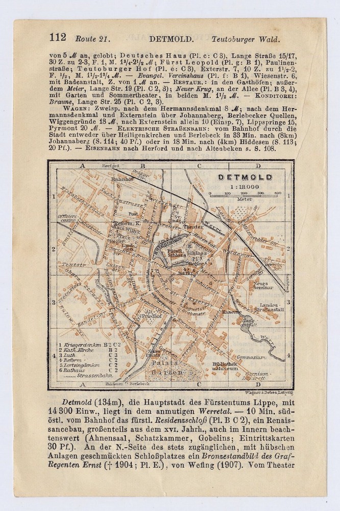 1913 Original Antique City Map Of Detmold / North Rhine - Westphalia / Germany