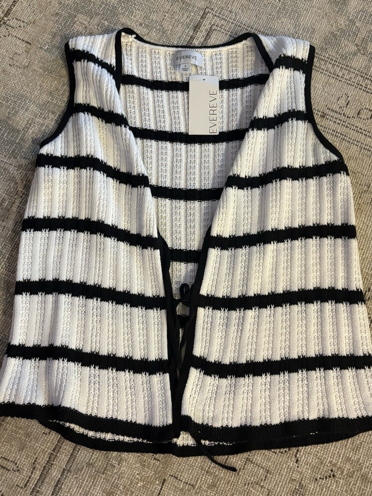 Evereve Black & White Striped Knit V-Neck Tie Sweater Vest Sleeveless Women's S