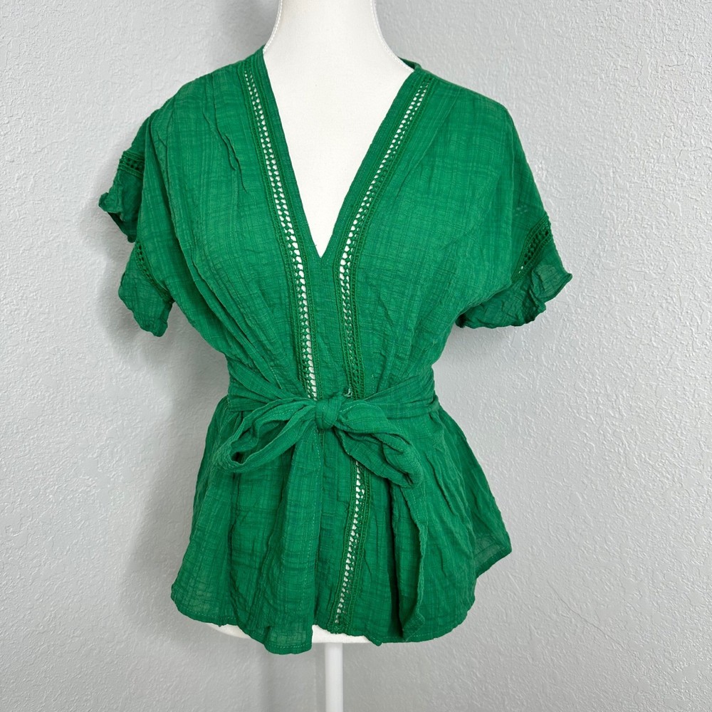 Max Studio Green Tie Front Top Crochet Trim V Neck Blouse size small