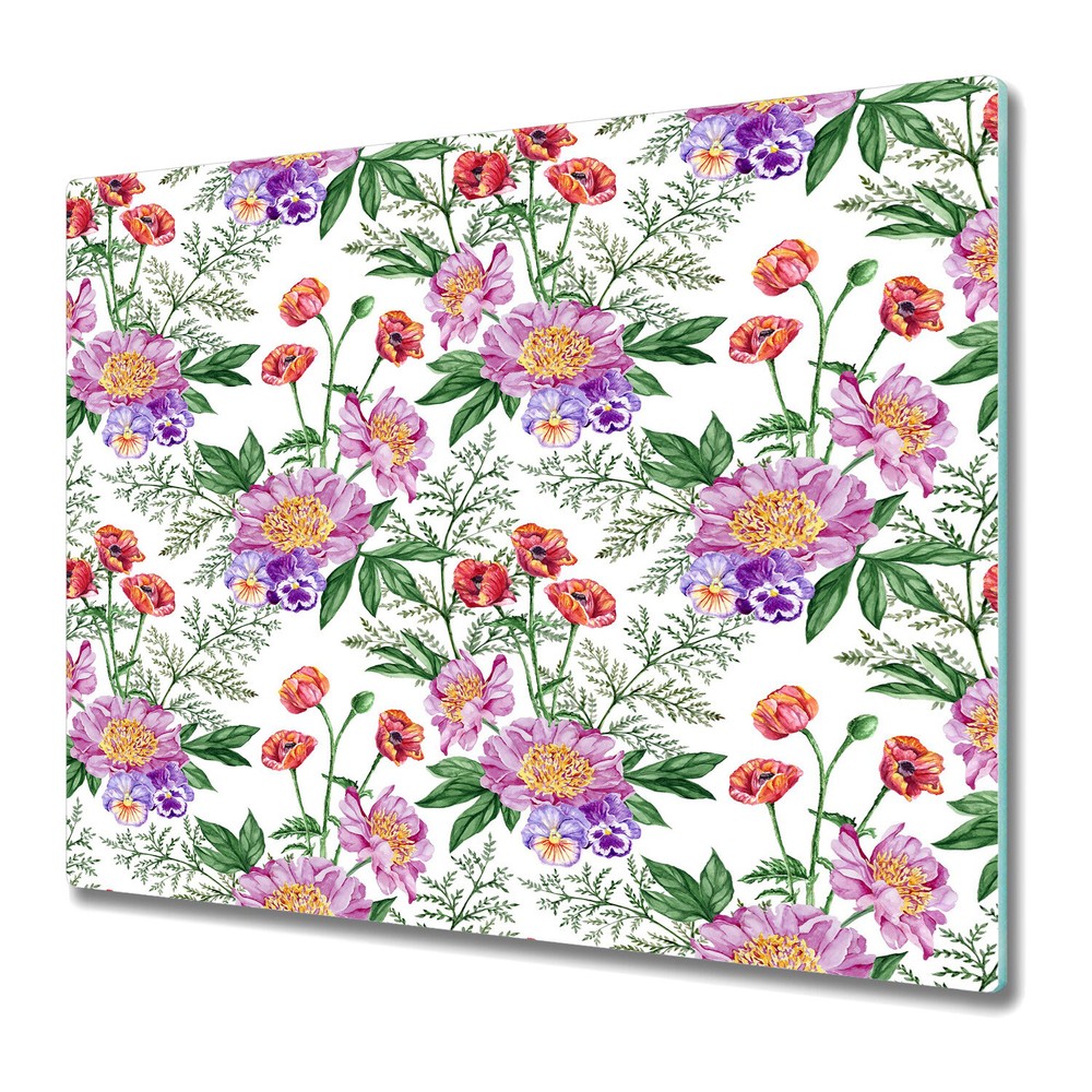 Tempered Glass Worktop protector Bouquet Peonies Green Botanical Artwork 60x52