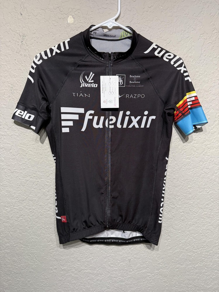 JLVelo Cycling Jersey Mens Small Black Fuelixir Full Zip Short Sleeve USA Team
