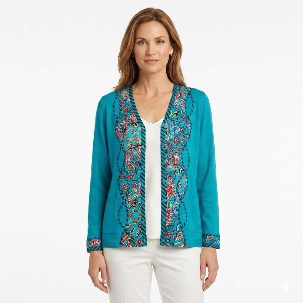 Koos Silk & Cotton Artsy Boho VTG Blue Button Long Sleeve Sweater Size Med