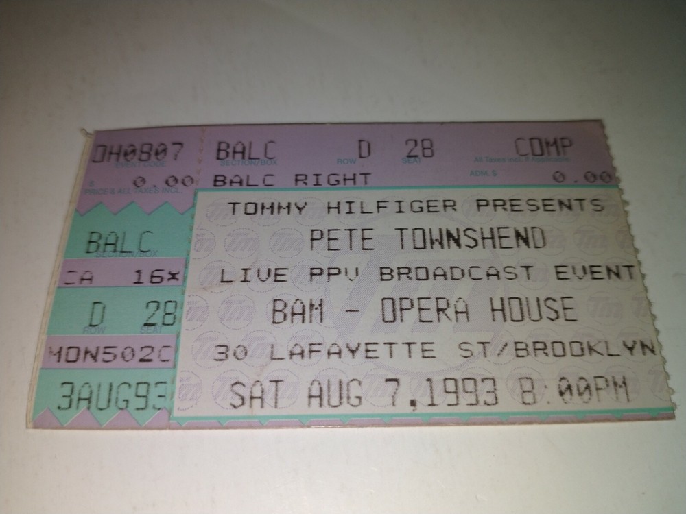Rare: Pete Townshend Brooklyn Academy Of Music 1993 Concert Ticket Stub-image