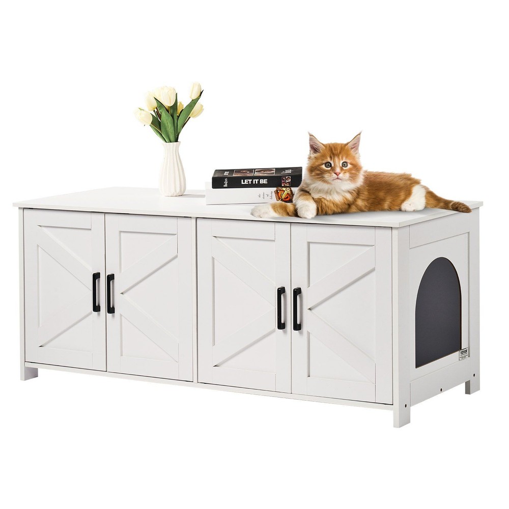 Durable Cat Litter Box Cabinet 47.2x18.5x19.7in Dual Room Pet Friendly White