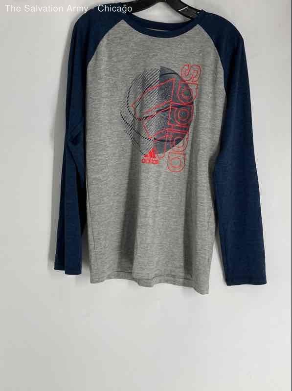 Adidas Boys Aeroready Gray Blue Graphic Print Long Raglan Sleeve T-Shirt Size XL