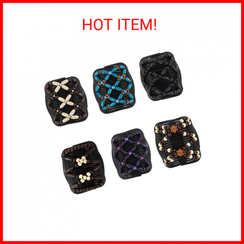 Yeshan Wood Beaded Stretch Double Hair Clips for Women Magic Side Combs Perfect for Bun Styles and Hair Makeup