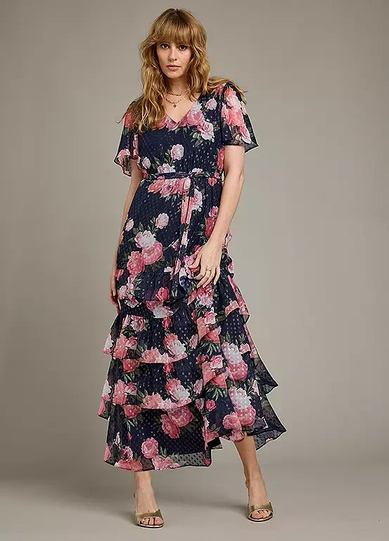TOGETHER Navy Floral Print Maxi Dress  UK 16  (fm203-3)