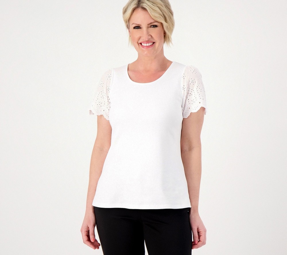 Isaac Mizrahi Live! Women's Top Plus Sz 3X Knit Swing with Eyelet White A596804