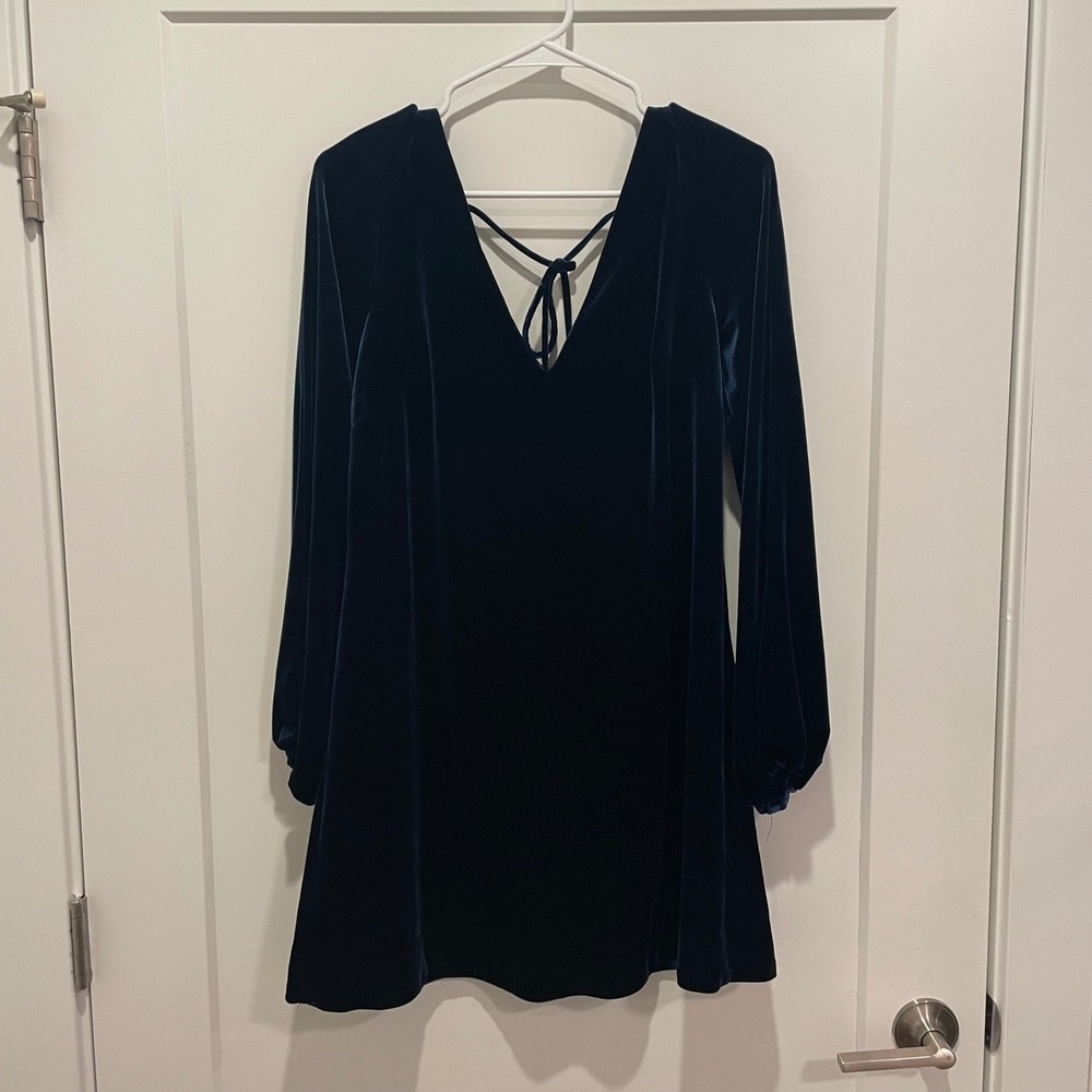 Free People Navy Blue Velvet V-Neck Mini Dress Long Sleeve Tie Back XS