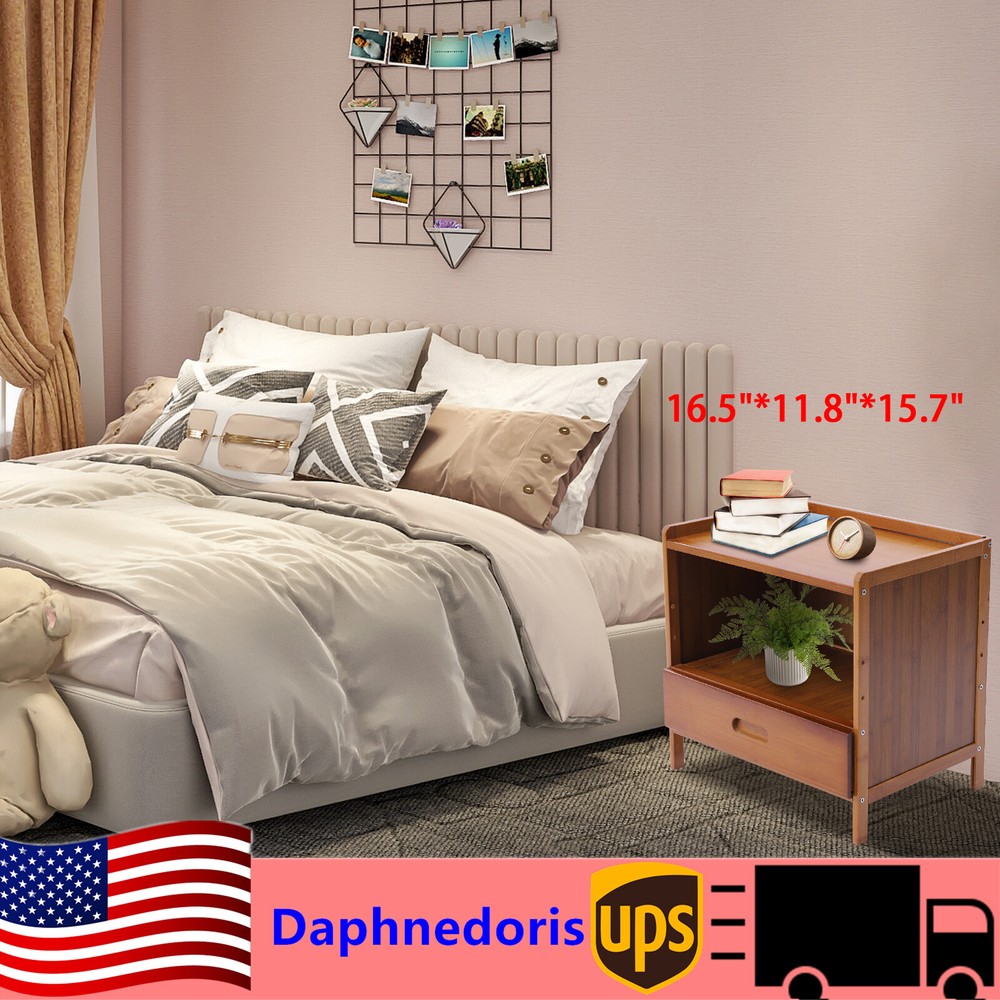 Bamboo Small Nightstand Bedside End Table with Drawer for Bedroom Living Room