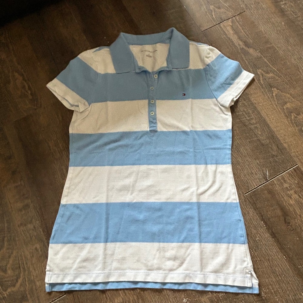 Tommy Hilfiger Womens Light Blue White Striped Short Sleeve Polo Shirt Size M