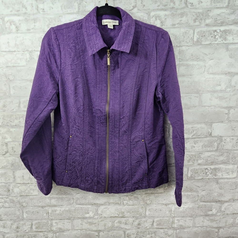 Coldwater Creek Women's Embossed Purple Full Zip Jacket Size 6 100% Cotton