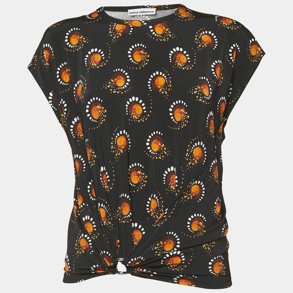 Paco Rabanne Black Printed Jersey Gathered Top M