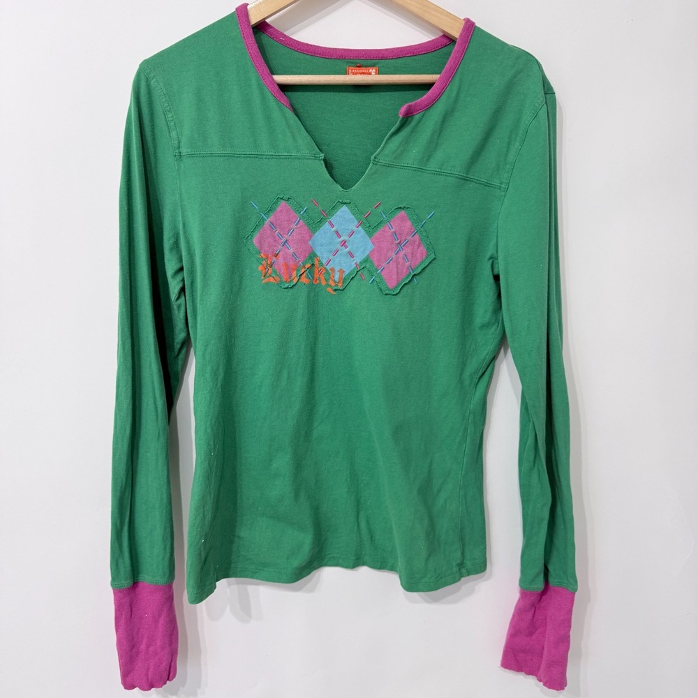 Vintage Y2K Lucky Brand Argyle Patchwork Long Sleeve Top Womens L Fitted Preppy