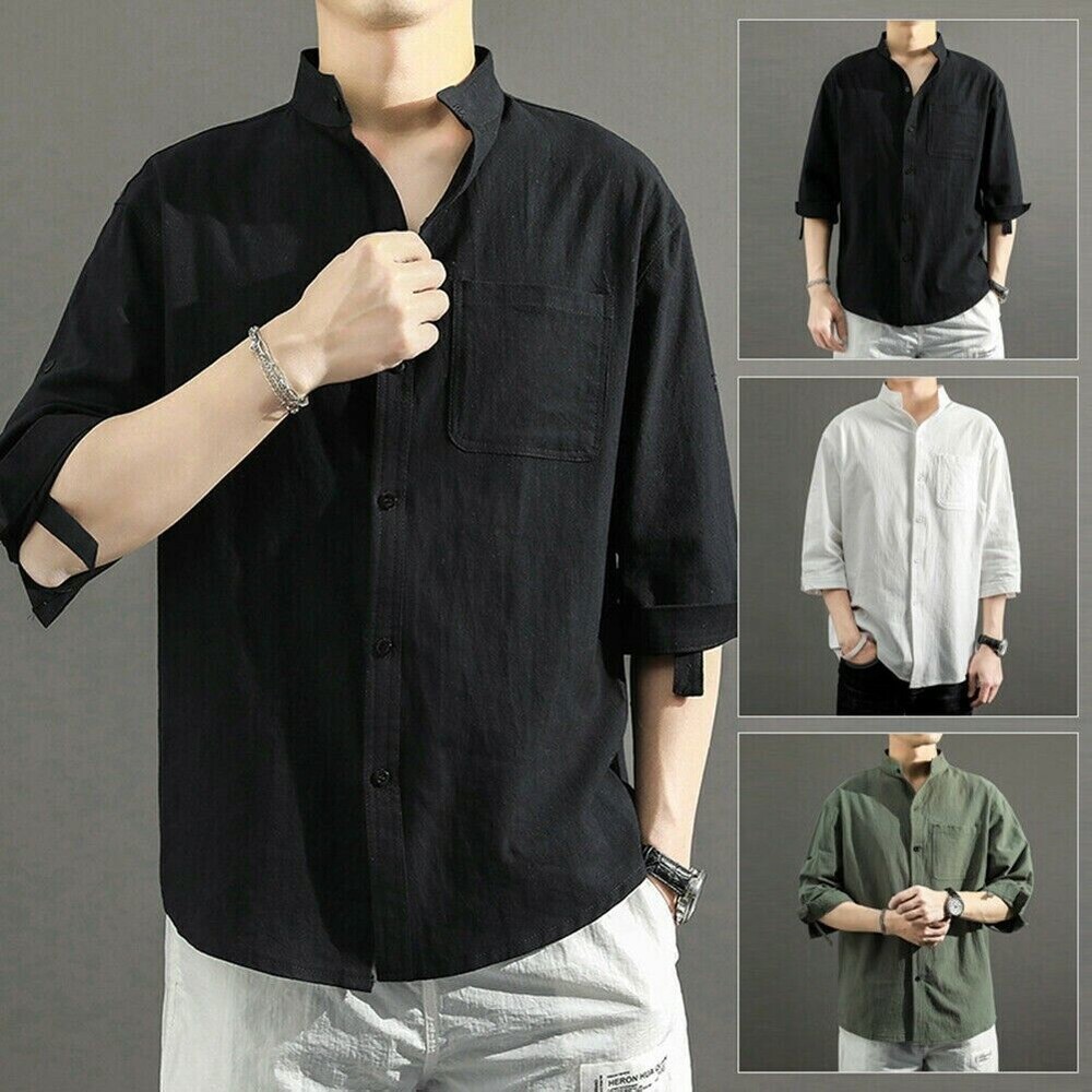 Blusa informal de manga corta con botones de lino para hombre abuelo cuello mandarín-image