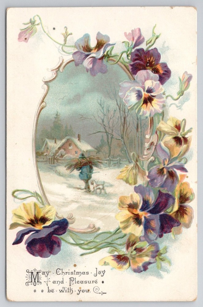 Vintage Christmas Postcard Embossed Pansies Winter Scene Paupac PA 1900s
