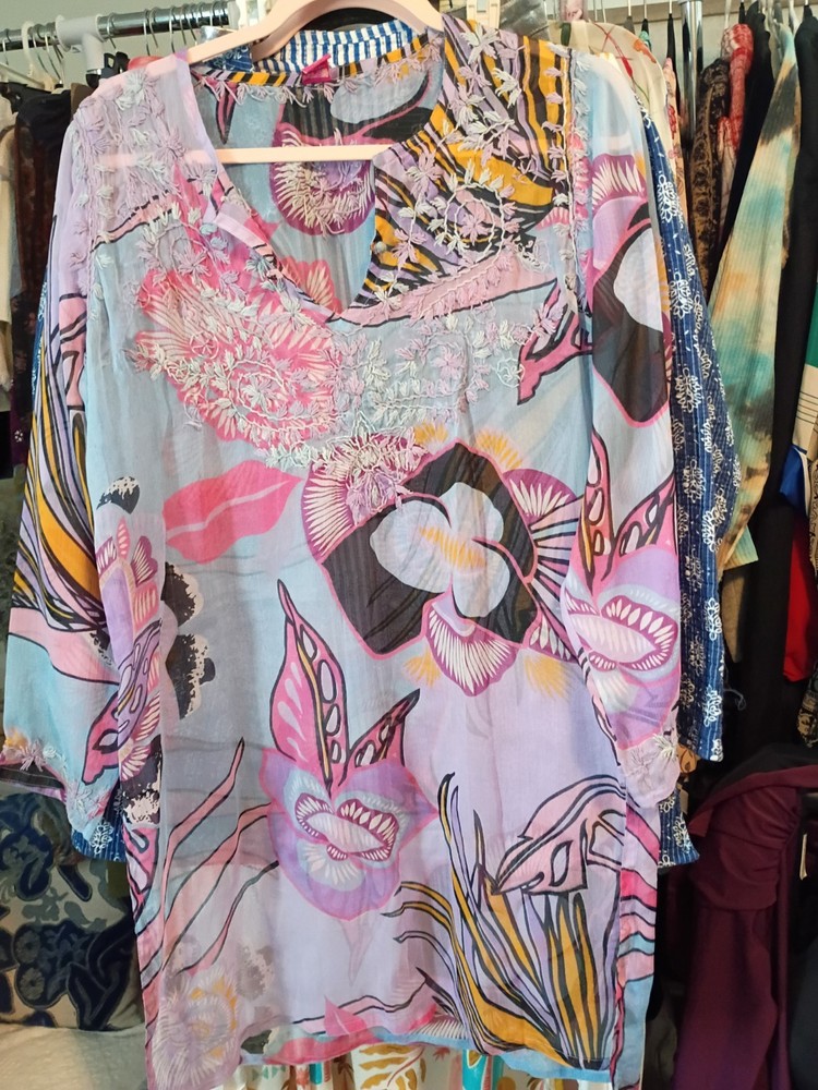 Raj M 100% Silk Multicolor Floral Embroidered Tunic Blouse V-Neck