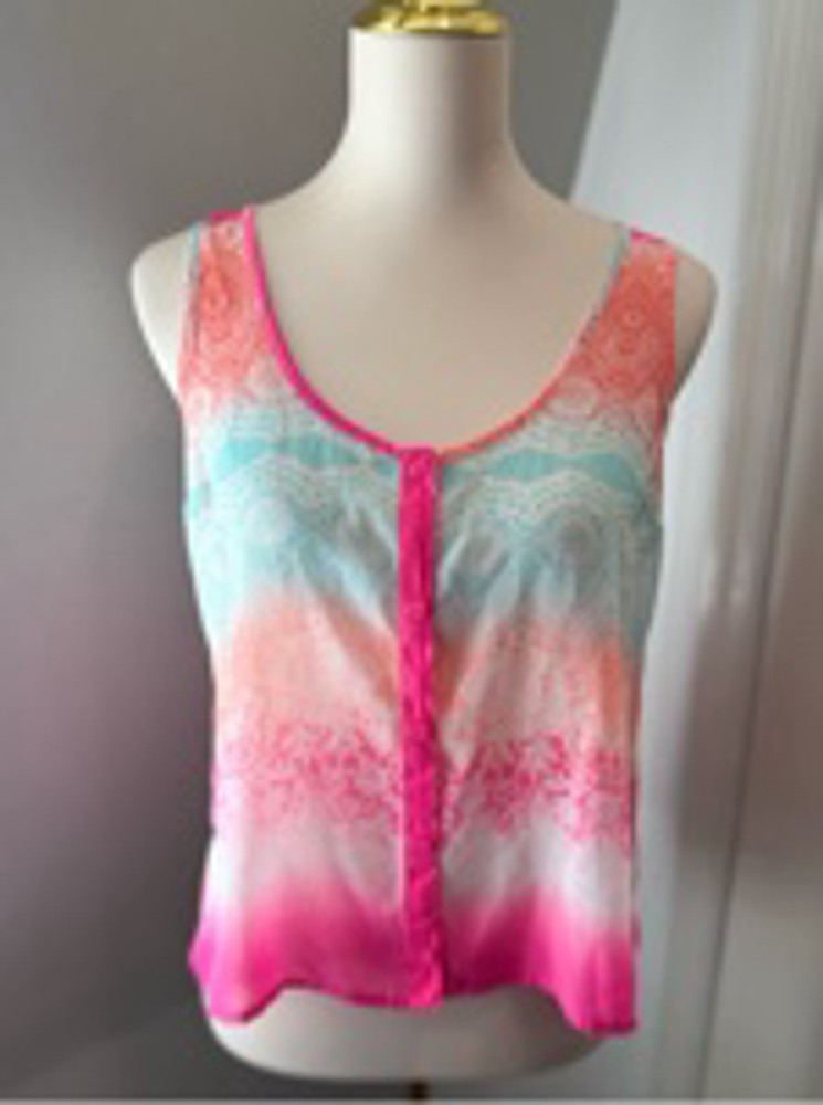 Candie’s Sheer Lace Print Tank Top Pink Ombre Boho Sleeveless Blouse Size Small